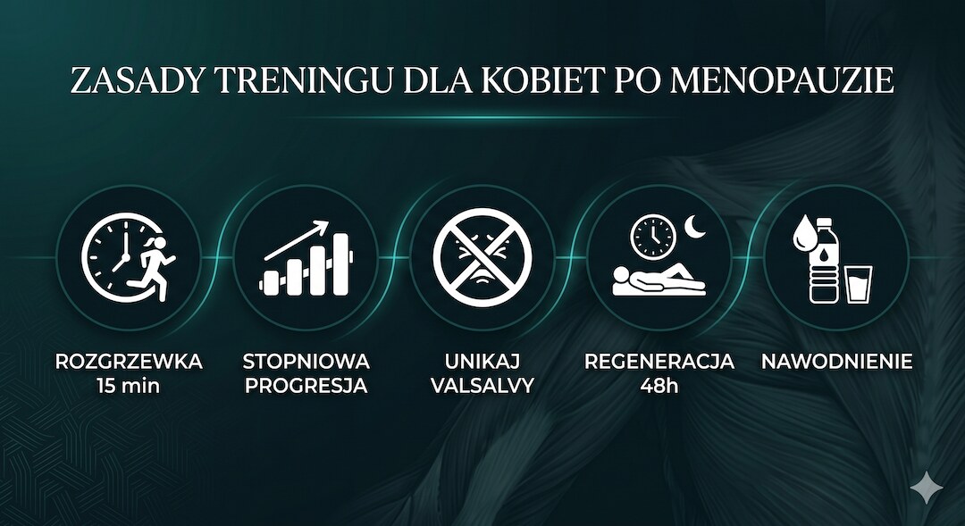 Infografika: zasady treningu po menopauzie z ikonami i opisami po polsku, ciemne tło