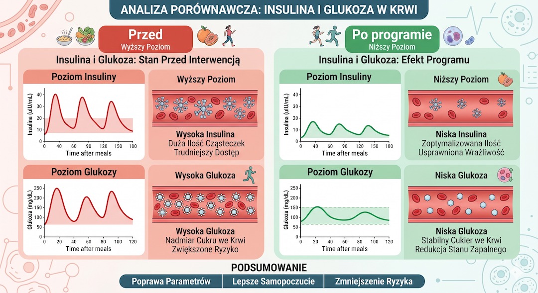 Graficzne por&oacute;wnanie poziomu insuliny i glukozy przed i po programie treningowym u os&oacute;b 50+
