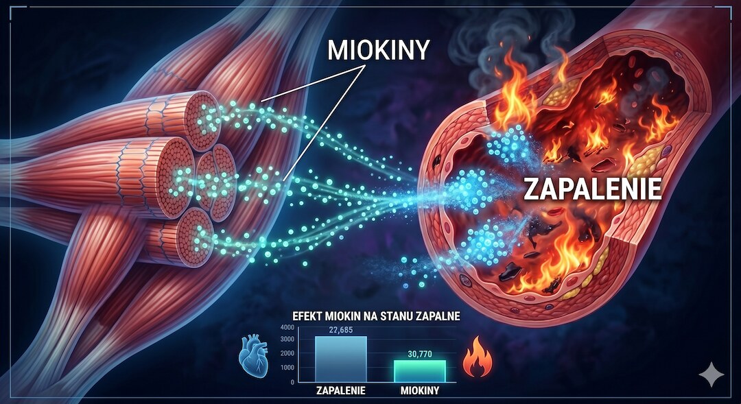 Wizualizacja miokin uwalnianych z mięśni do krwiobiegu, napisy po polsku