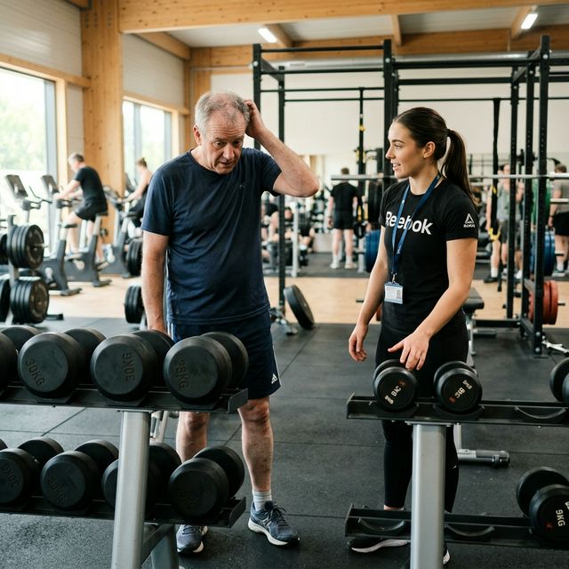 Mężczyzna patrzący na zbyt ciężkie hantle, trenerka sugeruje lżejsze