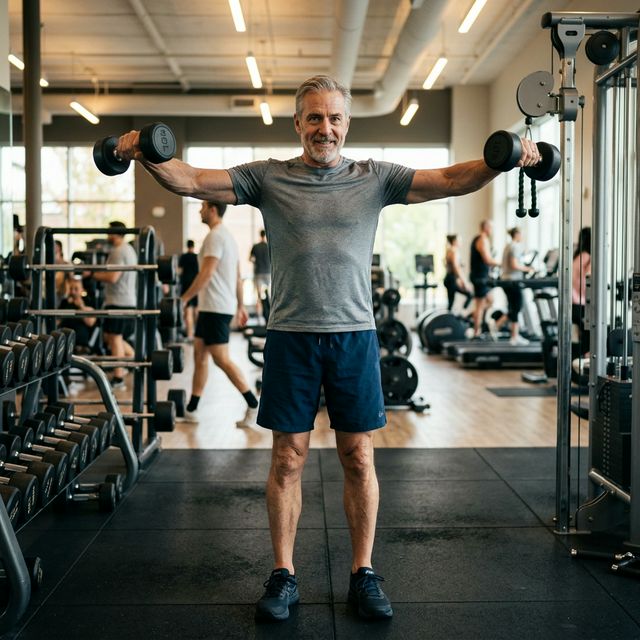 Mężczyzna wykonujący kontrolowane ćwiczenie siłowe z hantlami