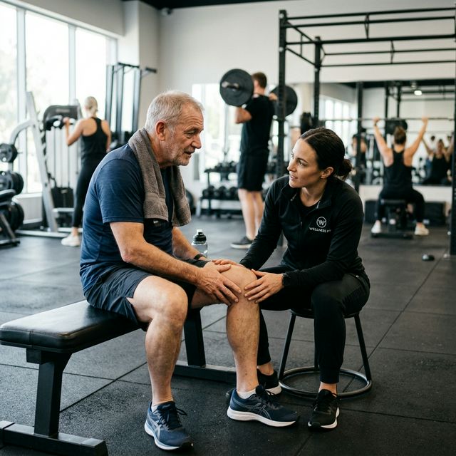 Mężczyzna siedzący na ławce i dotykający kolana z niepokojem, rozmawia z trenerką
