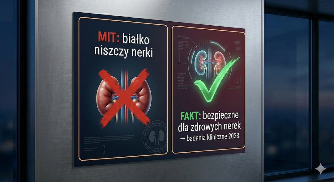Infografika obalająca mit szkodliwości białka dla nerek, po polsku, ciemne tło, przekreślony symbol ostrzeżenia