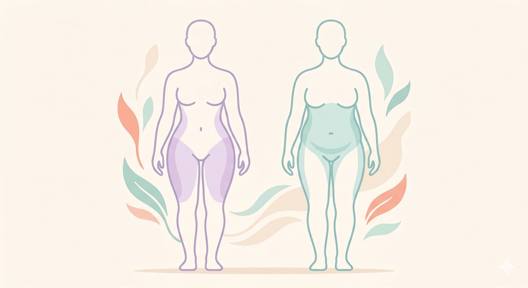 Delikatna ilustracja pokazująca zmianę rozmieszczenia tkanki tłuszczowej związaną z menopauzą