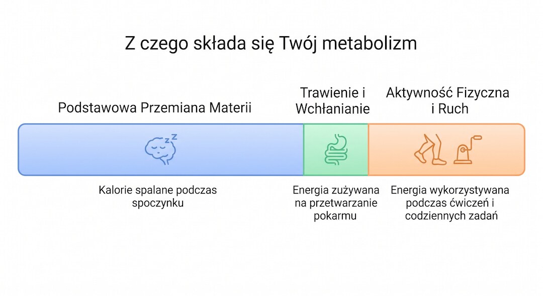 Prosty schemat pokazujący trzy składowe dziennego wydatku energetycznego organizmu