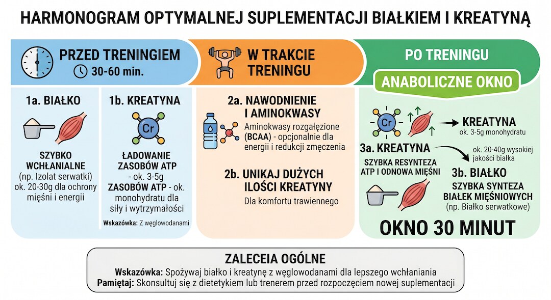 Czerwony znacznik obalający mit przy symbolu kreatyny i nerki, jasna infografika w polskim stylu