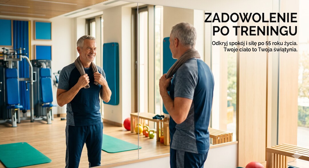 Zadowolony mężczyzna 50+ ogląda się w lustrze siłowni po treningu