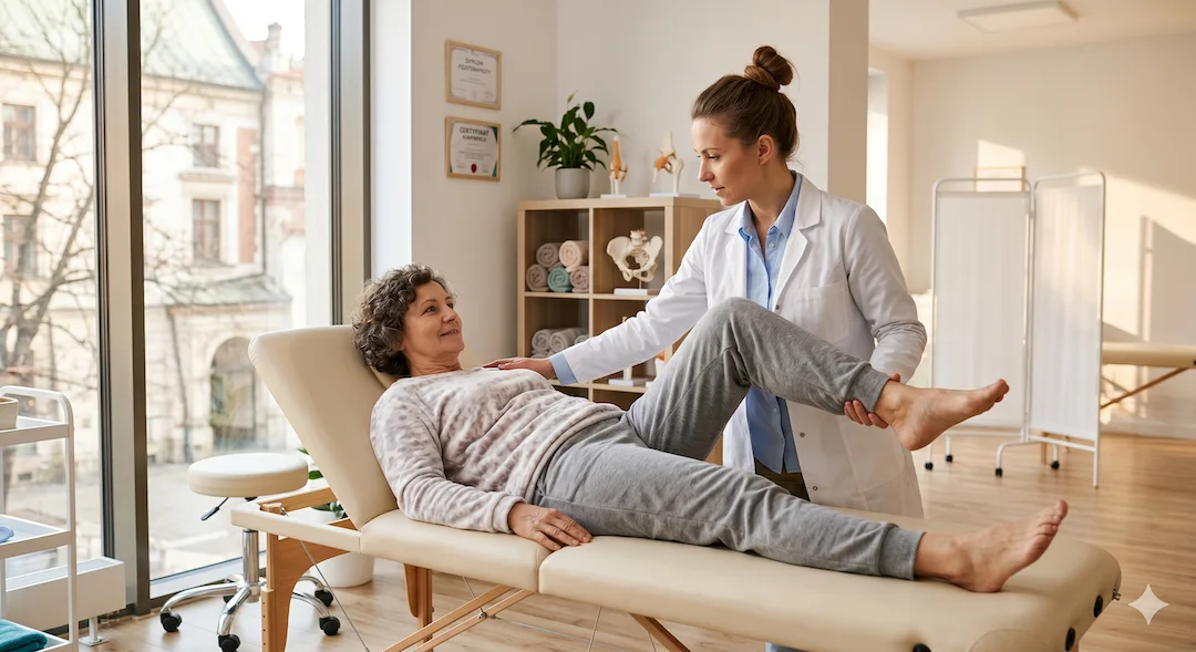 Fizjoterapeuta ocenia zakres ruchu w biodrze starszej pacjentki podczas wizyty w gabinecie – profesjonalna ocena bólu stawowego po 50. roku życia