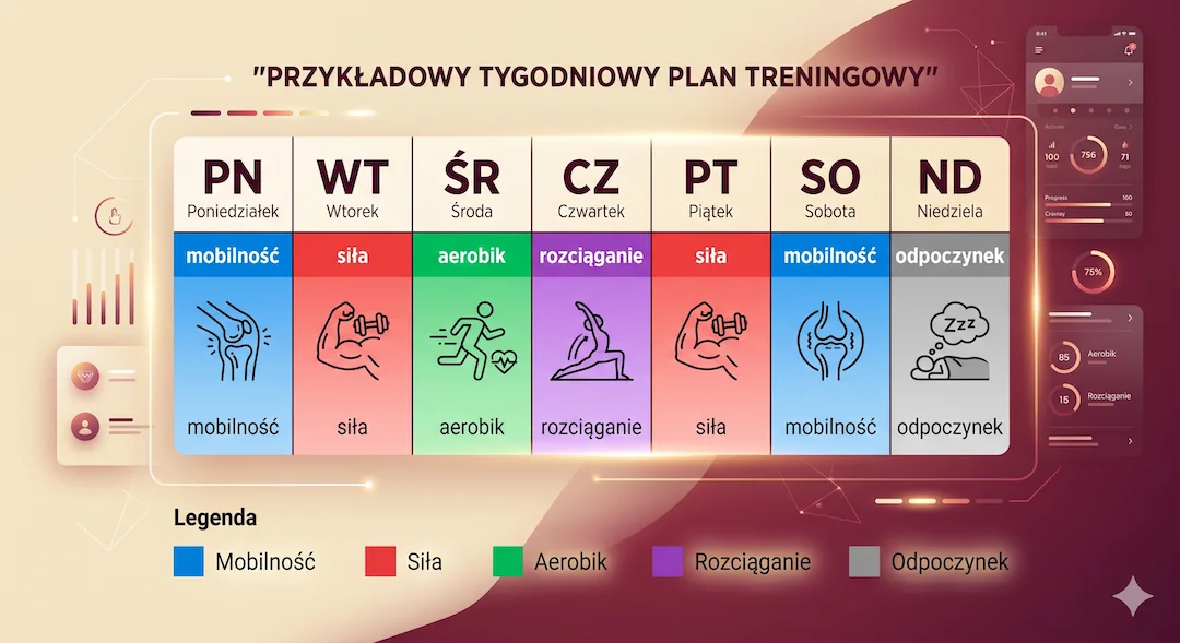 Grafika tygodniowego planu treningowego dla osoby po 50. – dni tygodnia z oznaczeniem typów aktywności: mobilność, siła, aerobik, rozciąganie