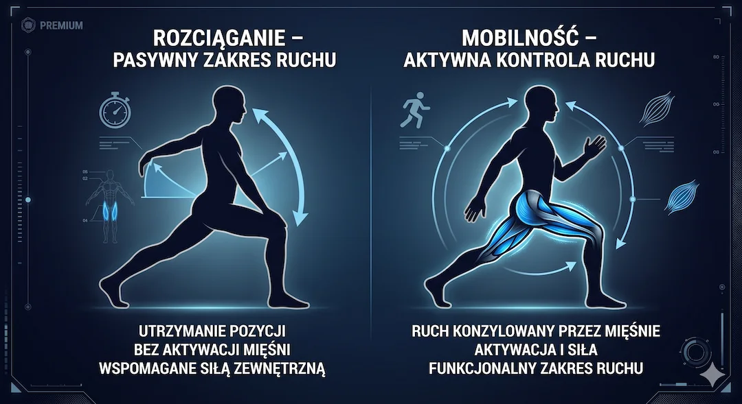 Schemat porównujący rozciąganie pasywne i trening mobilności aktywnej – dwie sylwetki w pozycji ćwiczeniowej z opisami cech każdego podejścia