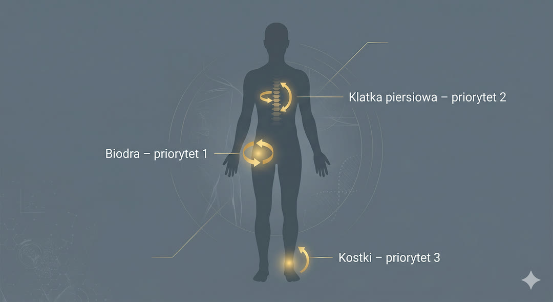 Schemat sylwetki człowieka z zaznaczonymi stawami priorytetowymi po 50. roku życia – biodra, odcinek piersiowy, stawy skokowe – z kierunkami ruchu wymagającymi pracy
