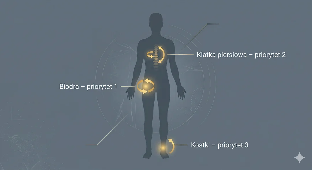 Schemat sylwetki człowieka z zaznaczonymi stawami priorytetowymi po 50. roku życia – biodra, odcinek piersiowy, stawy skokowe – z kierunkami ruchu wymagającymi pracy