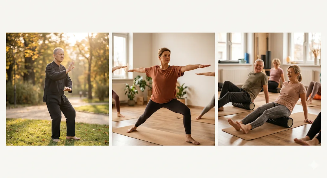 Trzy zdjęcia obok siebie: starszy mężczyzna ćwiczący tai chi w parku, kobieta na macie do jogi, para na zajęciach pilates z wałkiem – porównanie metod mobilności
