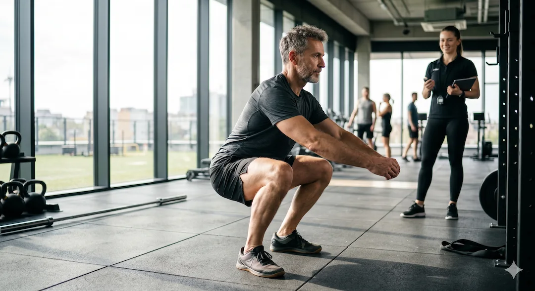 Mężczyzna po pięćdziesiątce wykonuje przysiad ze sztangą w pełnym zakresie ruchu – ilustracja treningu siłowego poprawiającego mobilność stawu biodrowego i kolanowego