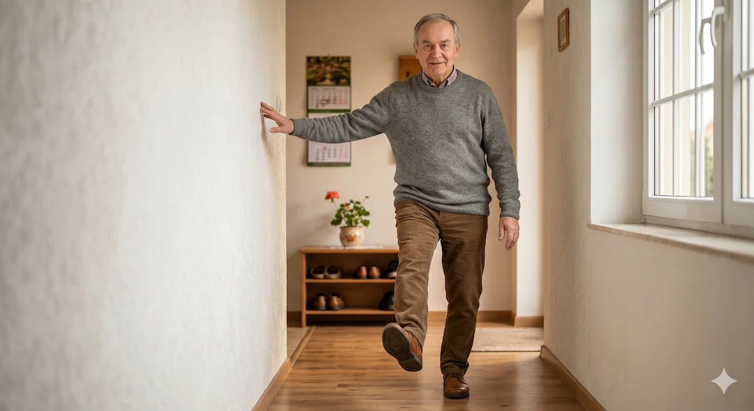 Starszy mężczyzna stoi na jednej nodze przy ścianie podczas ćwiczenia równowagi – ilustracja treningu propriocepcji redukującego ryzyko upadków po 50. roku życia