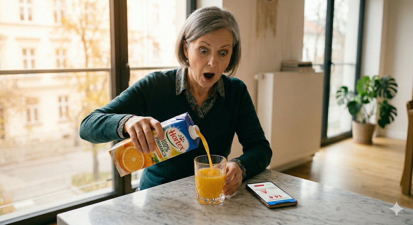 Kobieta po 50-tce w kuchni z wyraźnym zaskoczeniem patrzy na szklankę soku, obok telefon z wykresem poziomu cukru