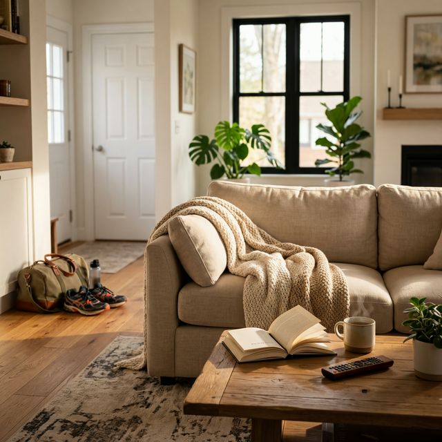 Przytulny salon z sofą i pledem kontrastujący z torbą treningową w tle – biologia oszczędzania energii