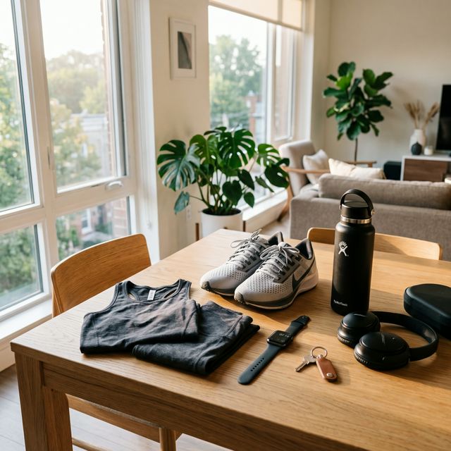 Przygotowany strój treningowy, buty i smartwatch na stole w porannym świetle – moment zawahania