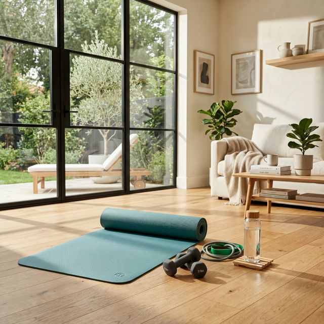 Mata i małe hantle w jasnym wnętrzu – wizualna metafora zmniejszenia poprzeczki