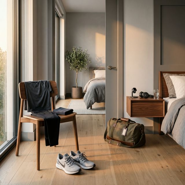 Przygotowane ubrania i buty treningowe w sypialni o świcie – projektowanie otoczenia
