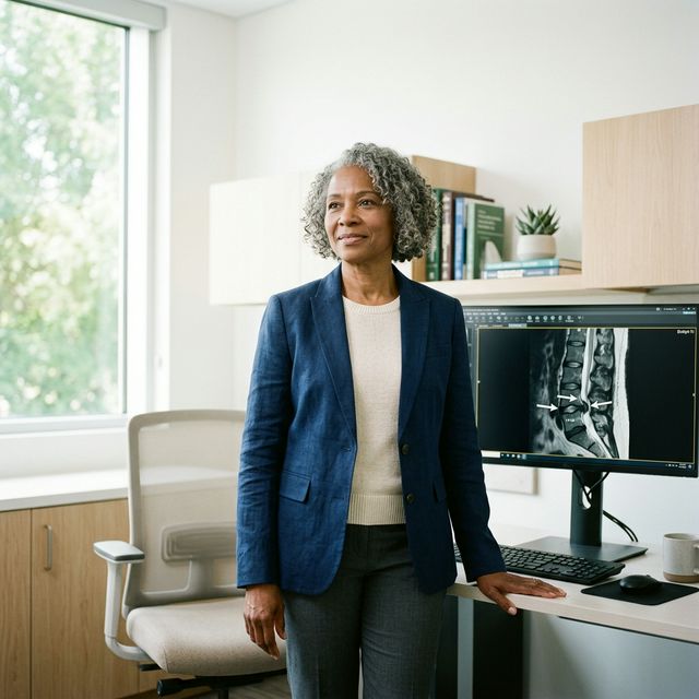 Osoba po 50-tce spokojnie i z pewnością siebie spogląda na wyniki rezonansu kręgosłupa