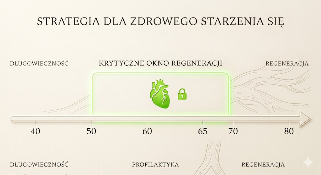 Grafika z linią czasu pokazującą etapy stwardnienia tętnic i krytyczne okno odwracalności między 50. a 65. rokiem życia zaznaczone kolorem zielonym