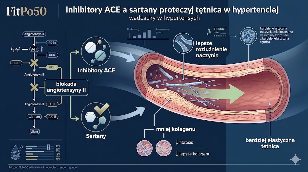 Infografika porównująca działanie inhibitorów ACE i sartanów na ścianę tętnicy – blokada angiotensyny II i zmniejszenie produkcji kolagenu w naczyniu