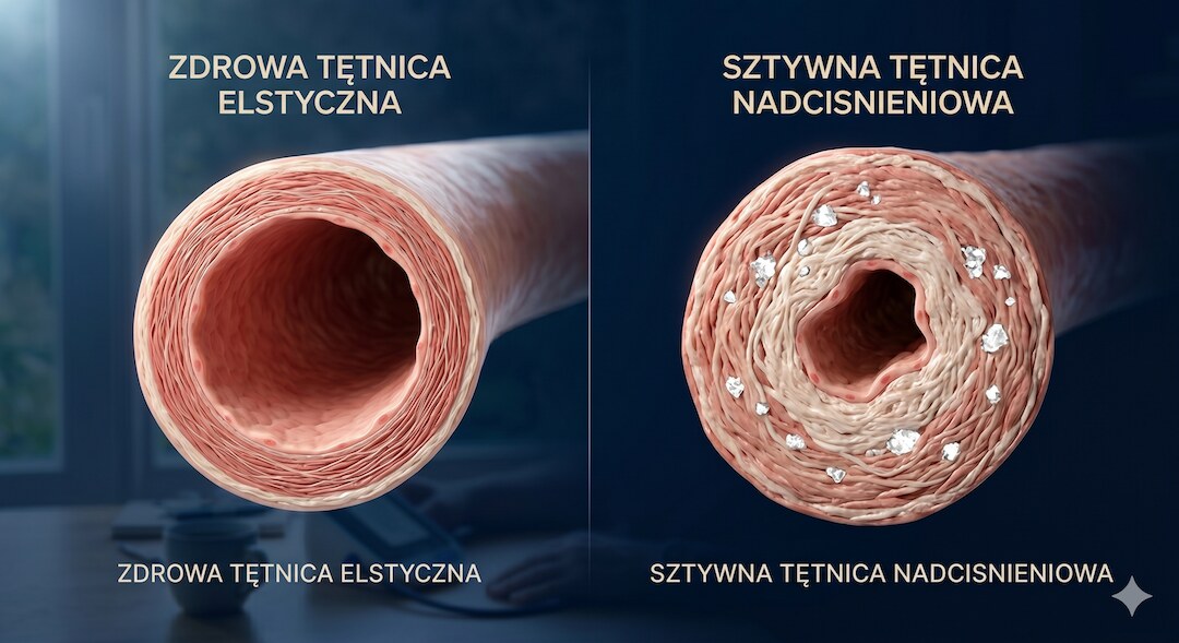 Schemat przekroju tętnicy młodej i starej – po lewej cienka elastyczna ściana, po prawej zgrubiała ściana z kolagenu i złogi wapnia