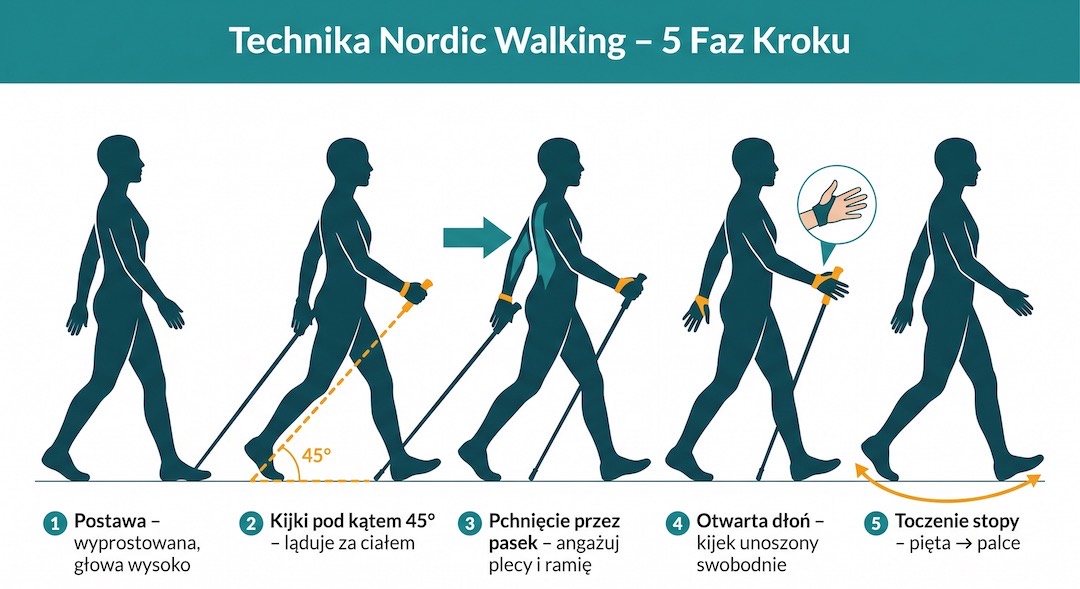 Schemat poprawnej techniki nordic walking – fazy kroku, kąt wbicia kija i praca dłoni