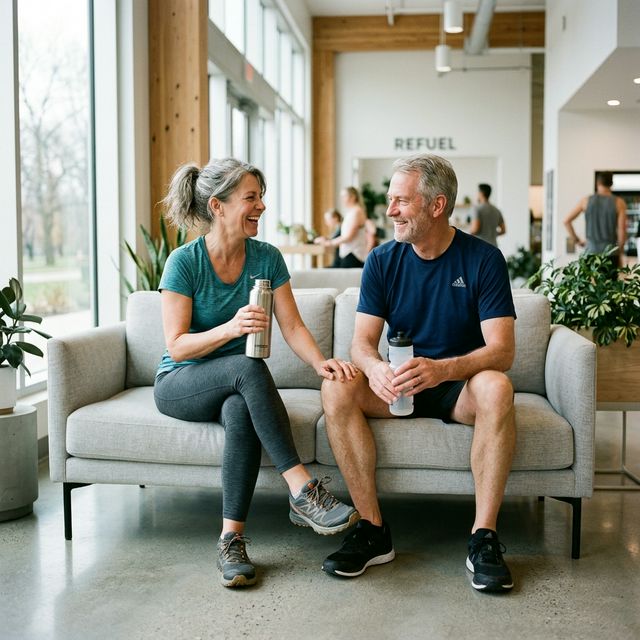 Szczęśliwa para po 50-tce odpoczywająca po aktywności fizycznej