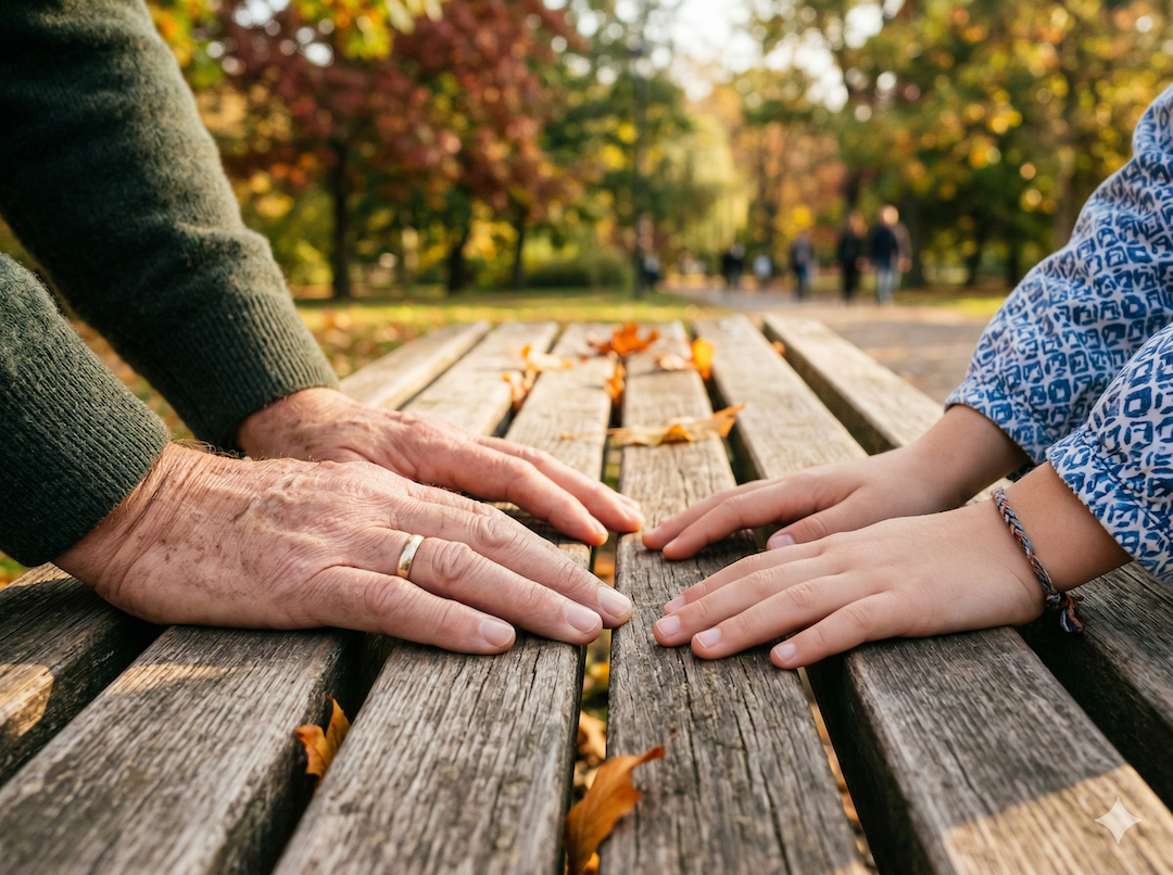 Dwie pary rąk na ławce w parku — starsze i dziecięce, symbol przekazywania sprawności