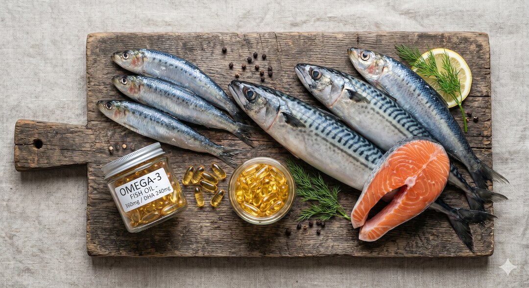 Świeży łosoś i sardynki obok kapsułek omega-3 na białym tle kuchennym