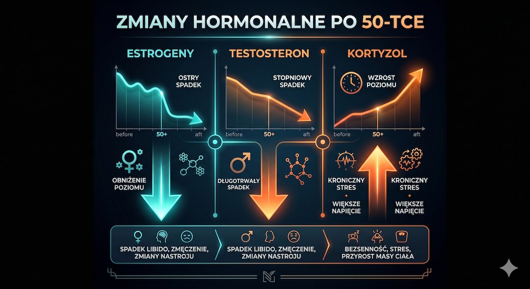 Schemat zmian hormonalnych po 50-tce a odkładanie tłuszczu trzewnego