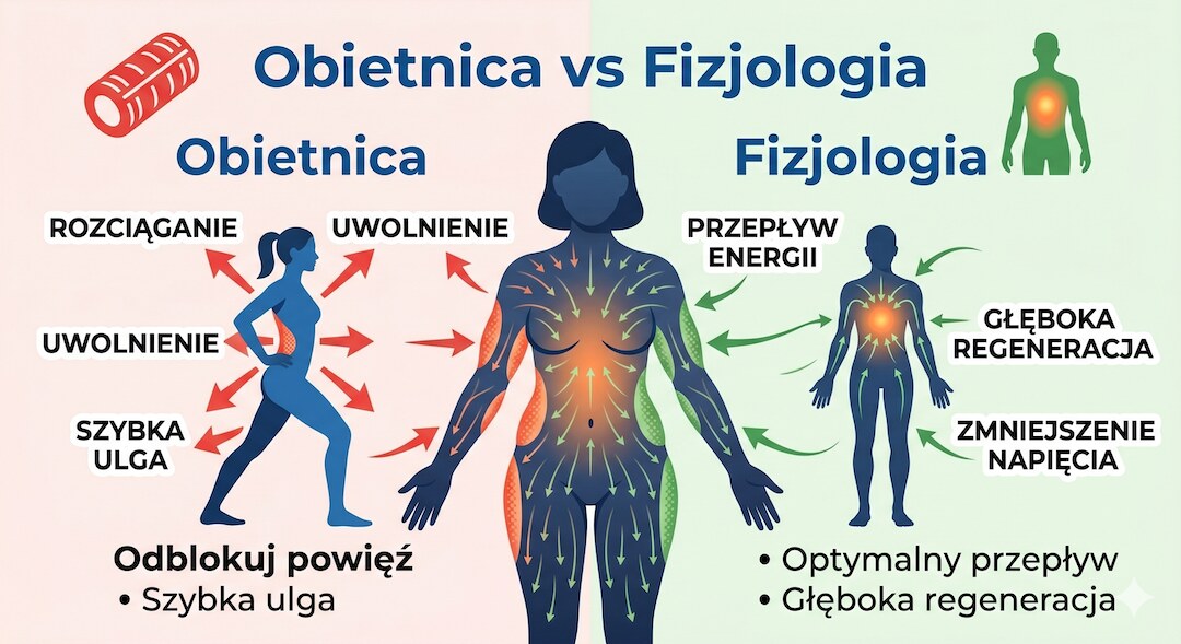 Infografika porównująca obietnicę reklamy z faktyczną fizjologią spalania tłuszczu