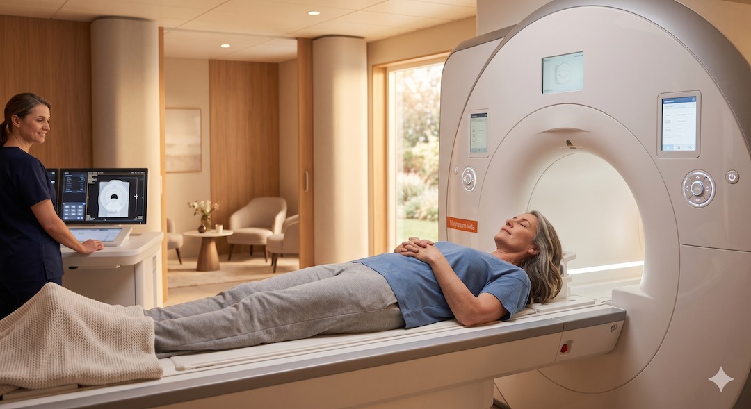 Pacjent w wieku 50 plus leżący przed tunelem aparatu do rezonansu magnetycznego MRI w nowoczesnym szpitalu