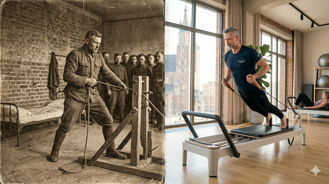 Archiwalne i współczesne zestawienie: żołnierz ćwiczący na prowizorycznym sprzęcie i mężczyzna po 50-tce na reformerze pilates w nowoczesnym studiu