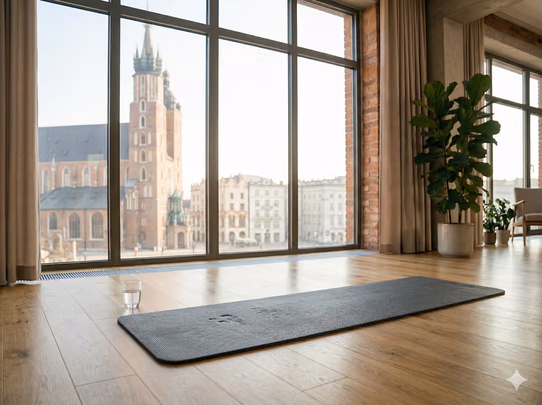 Mata do pilatesu na drewnianej podłodze jasnego, nowoczesnego mieszkania — poranne światło przez duże okno, szklanka wody obok, roślina w tle