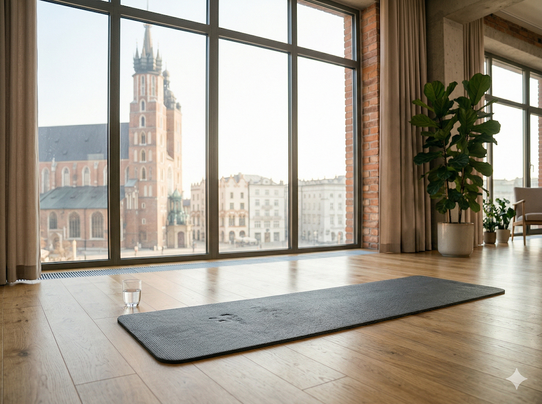 Mata do pilatesu na drewnianej podłodze jasnego, nowoczesnego mieszkania — poranne światło przez duże okno, szklanka wody obok, roślina w tle