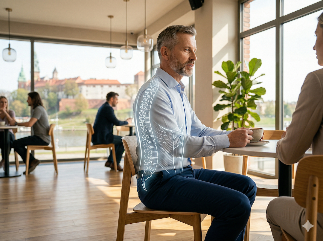 Mężczyzna po 50-tce z idealną postawą w kawiarni — subtelna grafika anatomiczna rdzenia nałożona na zdjęcie