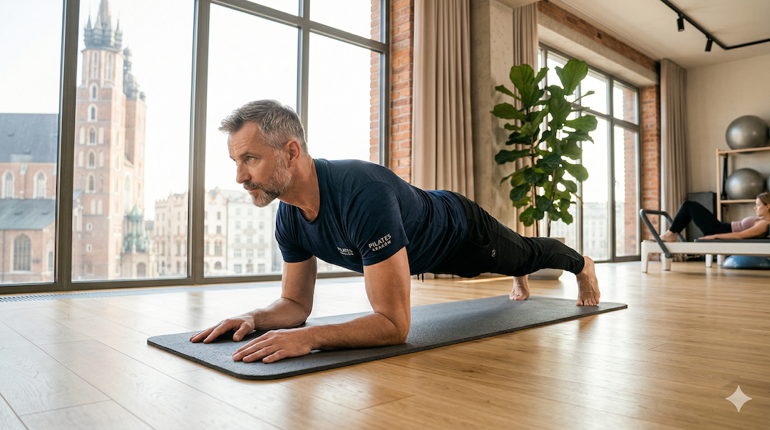 Mężczyzna po 50-tce wykonuje ćwiczenia pilates w jasnym, nowoczesnym studiu