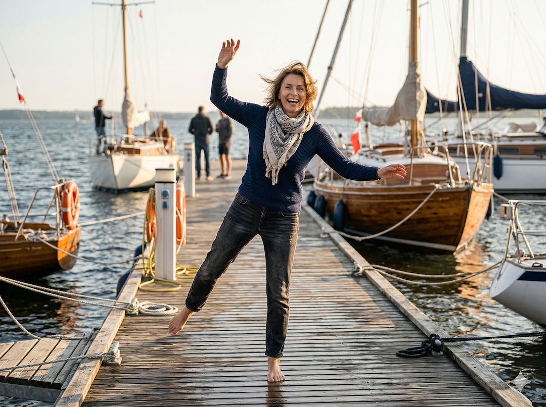 Elegancka kobieta po 50-tce balansuje na pomoście przy marinie, śmiejąc się gdy prawie traci równowagę