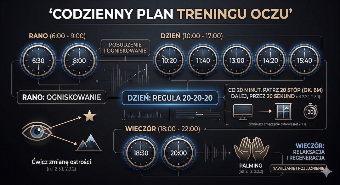 Infografika z dziennym planem ćwiczeń wzroku po polsku