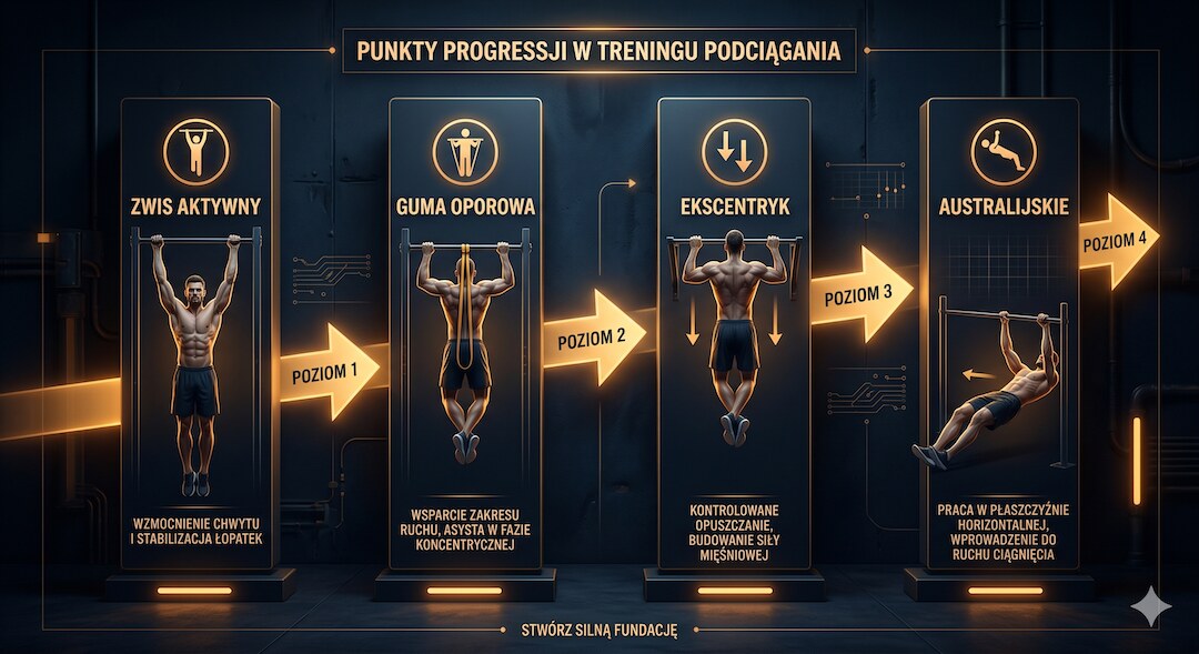 Infografika z czterema filarami progresji w podciąganiu, polskie opisy etapów