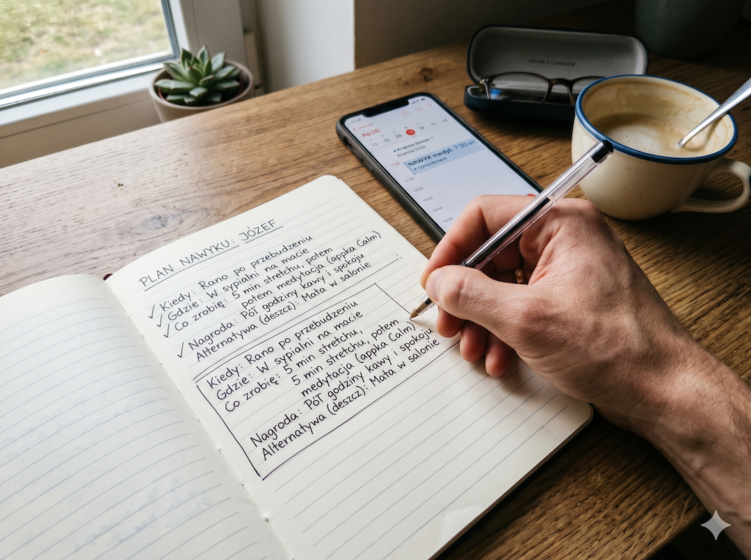 Otwarty notatnik z odręcznym zapisem po polsku: plan if-then na trzeci tydzień — obok kubek kawy i telefon z kalendarzem