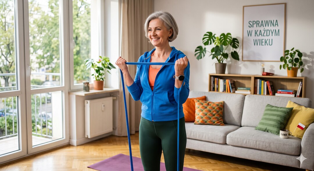 Uśmiechnięta kobieta 50+ ćwiczy z gumą oporową w jasnym salonie