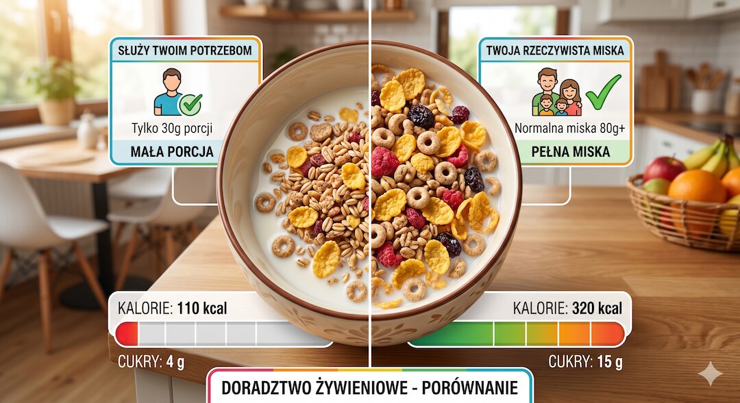 Miska płatków śniadaniowych z zaznaczeniem różnicy między porcją na etykiecie a rzeczywistą