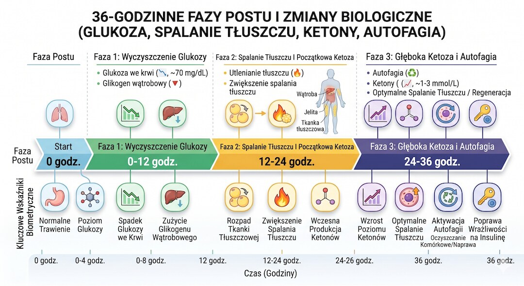 Infografika pokazująca fazy metaboliczne podczas 36-godzinnego postu: glukoza, ketoza, autofagia