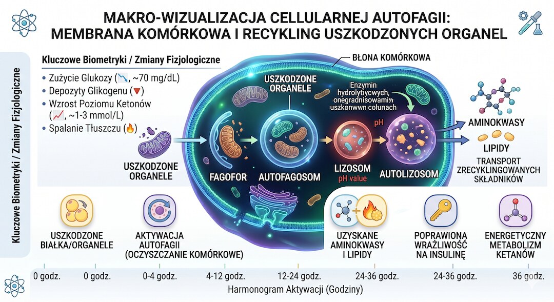 Ilustracja procesu autofagii – komórka rozkładająca uszkodzone organelle podczas postu
