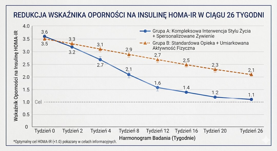 Wykres przedstawiający spadek wskaźnika HOMA-IR w grupie stosującej post przerywany vs. kontrolna