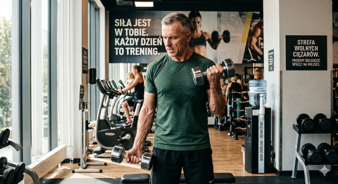 Aktywny mężczyzna po pięćdziesiątce wykonuje trening z ciężarkami, symbolizując ochronę mięśni podczas postu